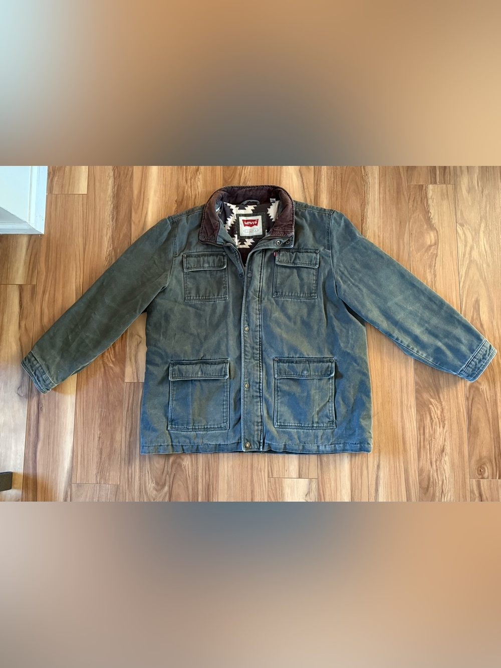 Levis Green Canvas Field Jacket Barn Coat Aztec Blanket Lined 4 Pocket Size XXL